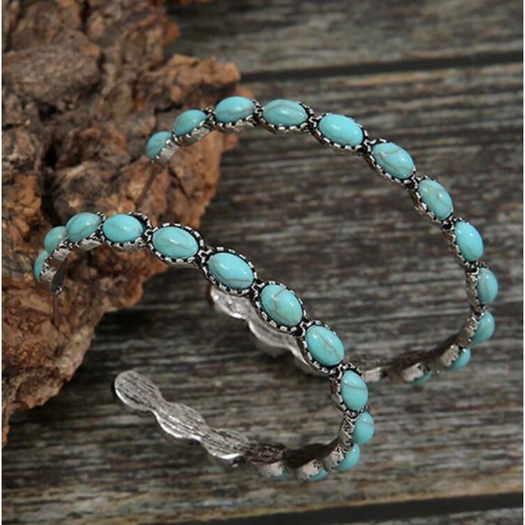 Western Style Turquoise Hoop Earrings - Picture 2 of 5